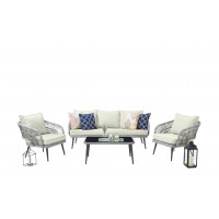 Manhattan Comfort OD-CV015-CR Riviera Rope Wicker 4-Piece 5 Seater Patio Conversation Set with Cushions in Cream